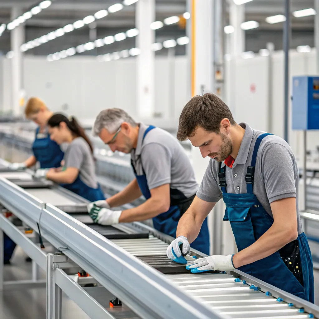 Experienced team working on conveyor belts